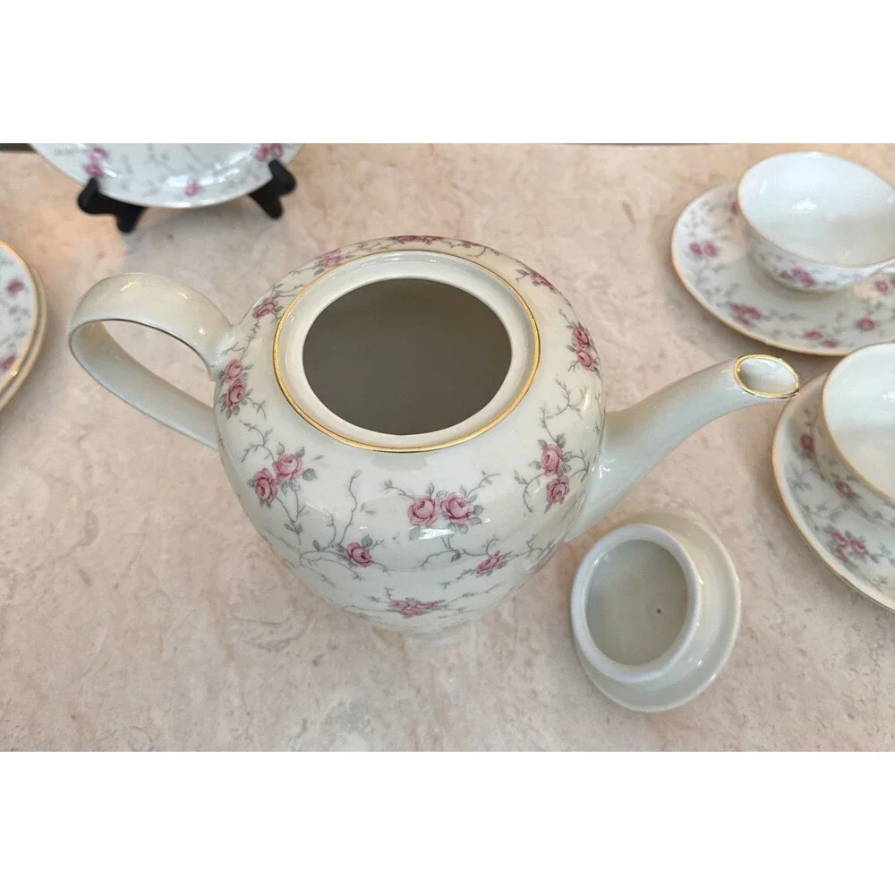 Schumann Rose Coffee Pot, Cups, Saucers and Luncheon Plates Dish Set Vintage